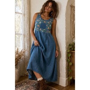 Vintage 90s Women's Floral Denim Midi Dress PS 18x17x48 Cottagecore Prairie